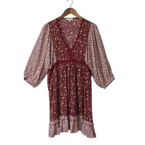 Womens Sz 1X Dark Floral Tiered Lace BOHO Babydoll Peasant Burgundy Dress